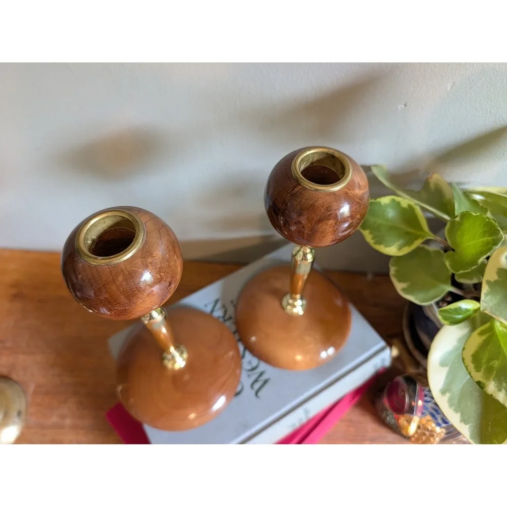 Vintage Myrtlewood Candlestick Pair Bandon Oregon Wood Gold Mid Century Modern